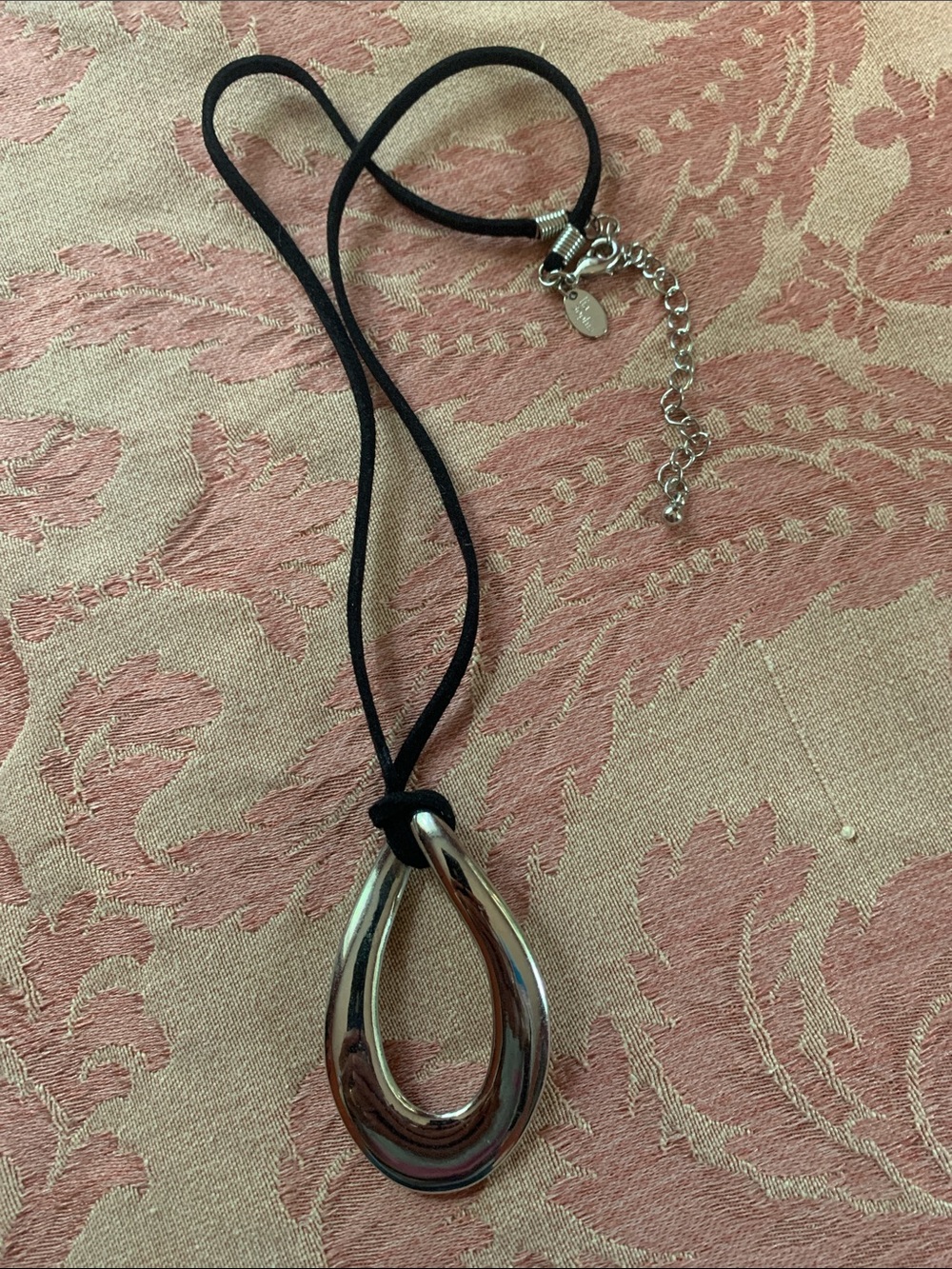 Lia Sophia Silver Teardrop Pendant on Black Cord Necklace